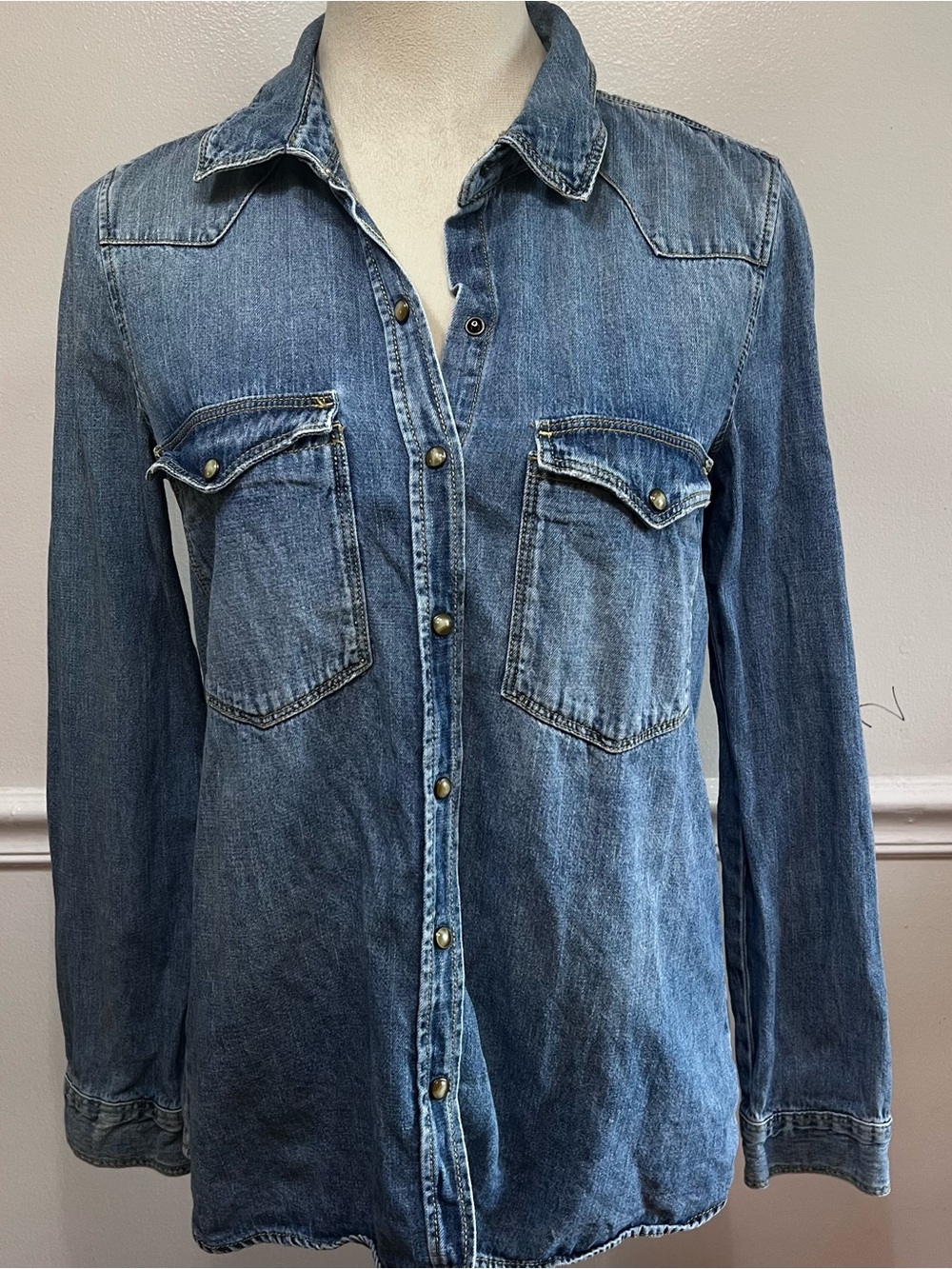 Zara Trafaluc Western Denim Pearl Snap Shirt Cowgirl Chambray S